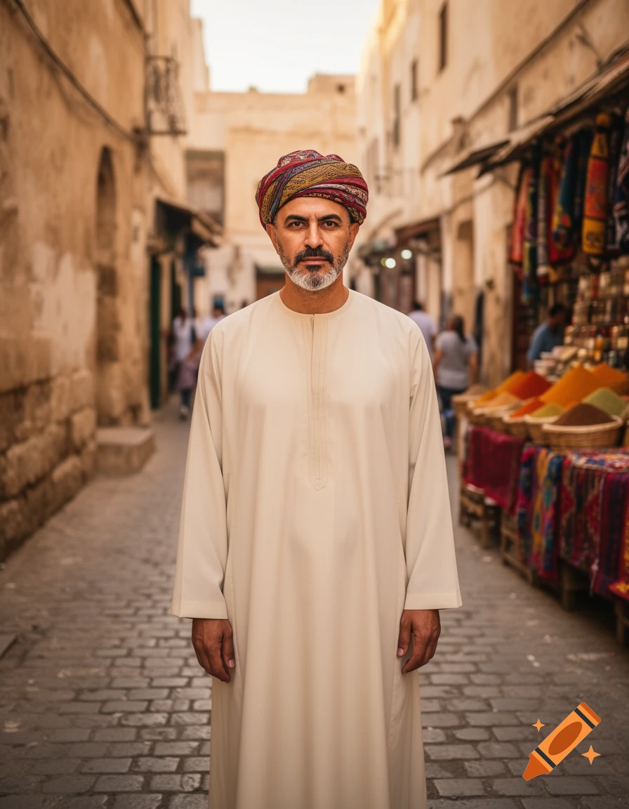 A middle-aged man with a grey beard and colorful turban, wearing a light-colored robe, stands in a narrow street with market stalls. Photorealistic.