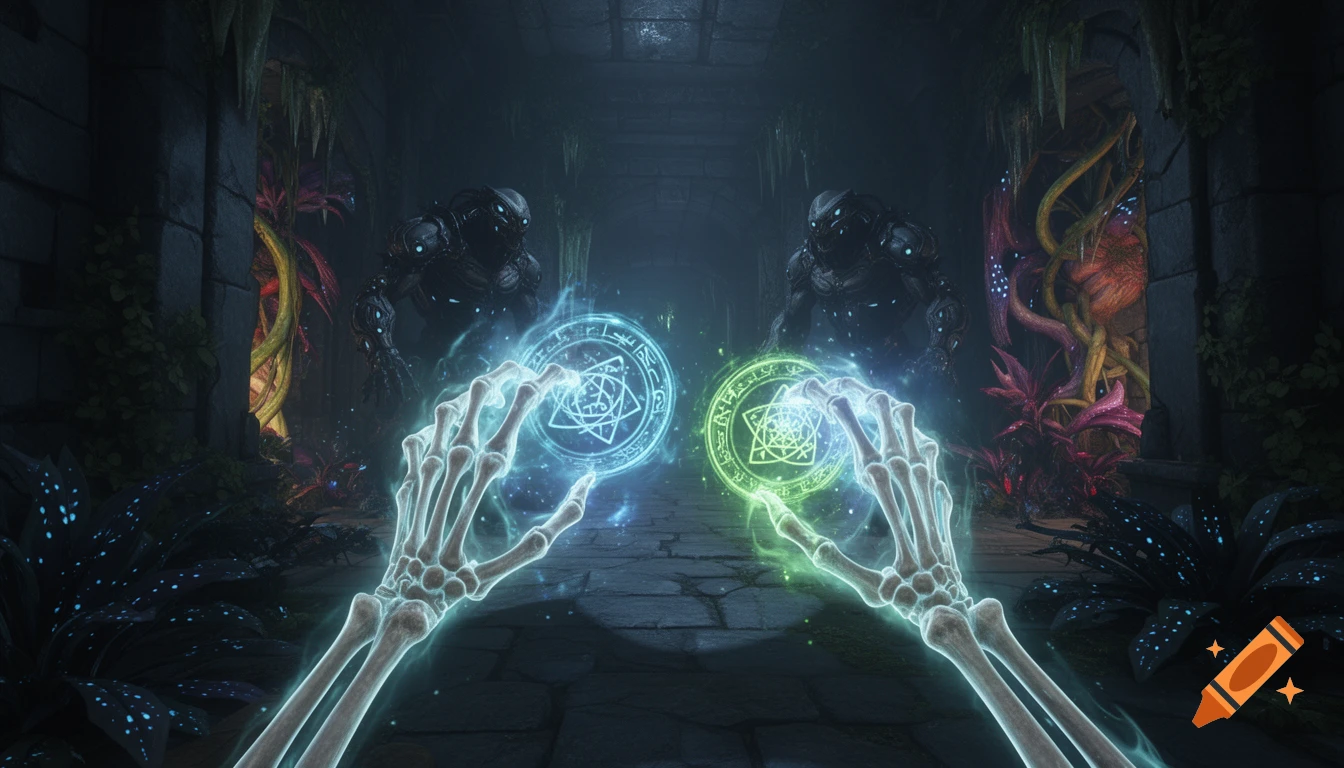 First-person view of glowing skeletal hands casting blue and green spells with intricate symbols in a dark sci-fi dungeon with monsters and exotic flora.