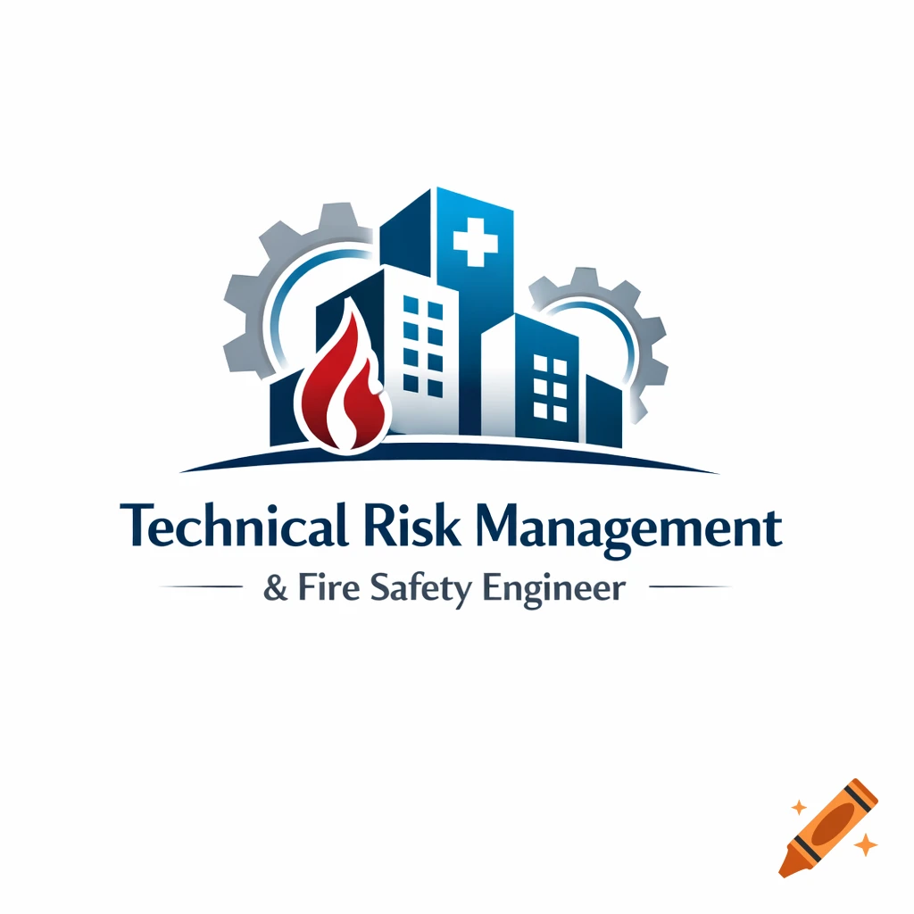 Logo featuring blue buildings, two gears, and a red flame, with a medical cross on one building. Text reads 'Technical Risk Management & Fire Safety Engineer'.