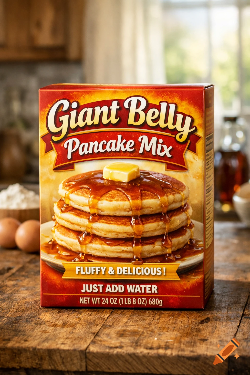 Photorealistic image of a box of Giant Belly Pancake Mix, featuring a stack of pancakes with butter and syrup, on a wooden kitchen counter.