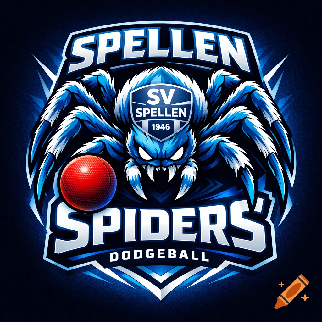 A stylized blue and white spider mascot logo for 'Spellen Spiders Dodgeball', holding a red dodgeball, set against a dark background.
