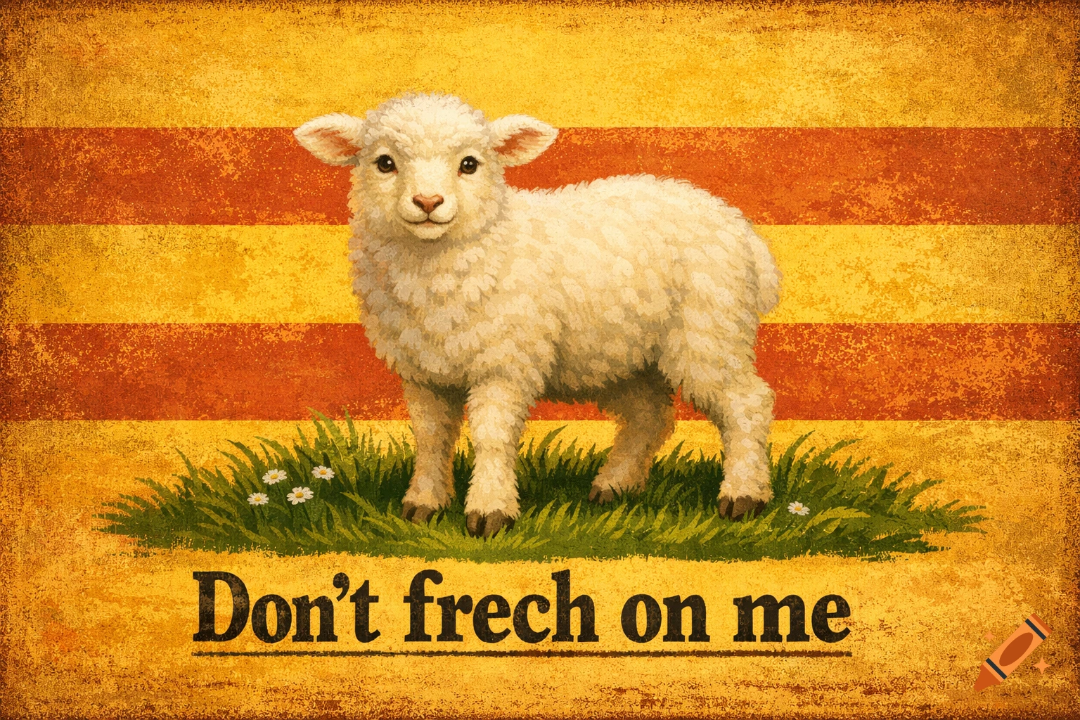 A fluffy white lamb on grass against a distressed yellow and orange striped background, with the text 'Don't frech on me' in a vintage style.