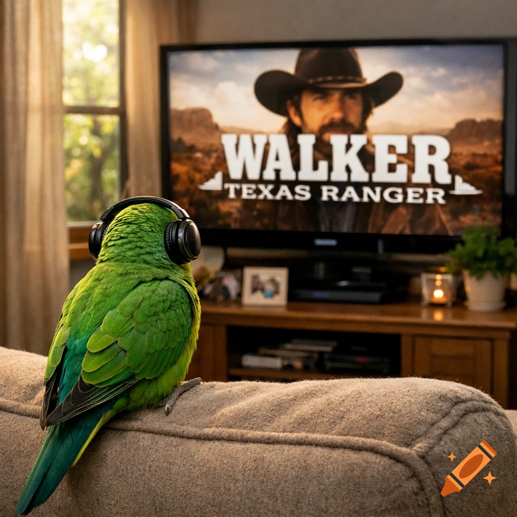 A green parrot wearing headphones sits on a couch, watching a TV showing the title screen for "WALKER TEXAS RANGER".
