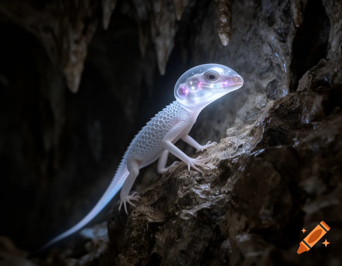 A translucent, glowing lizard-like creature with a domed head showing bioluminescent patterns, climbing a rock in a dark cave.