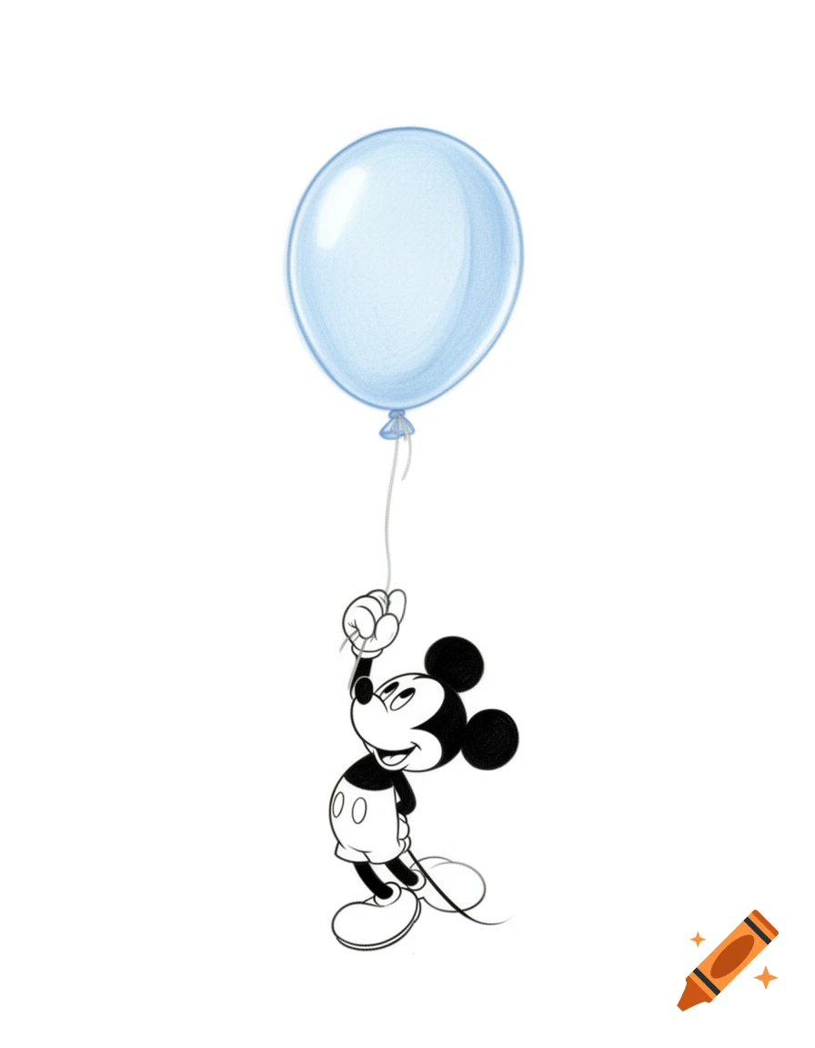 Hand-drawn Mickey Mouse, in black and white, floats while holding a light blue balloon on a white background.