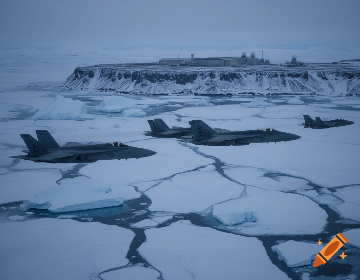 Three US fighter jets fly over a frozen arctic sea with icebergs and a distant base on a cliff under a cloudy sky.