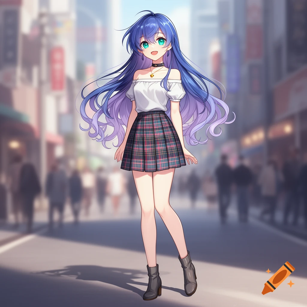 Anime girl with blue and purple hair, green eyes, white off-shoulder top, plaid skirt, and black boots stands on a city street.