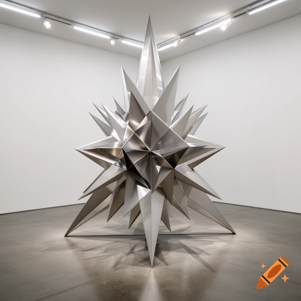 A large, stellated metallic sculpture with sharp points in a minimalist white art gallery.