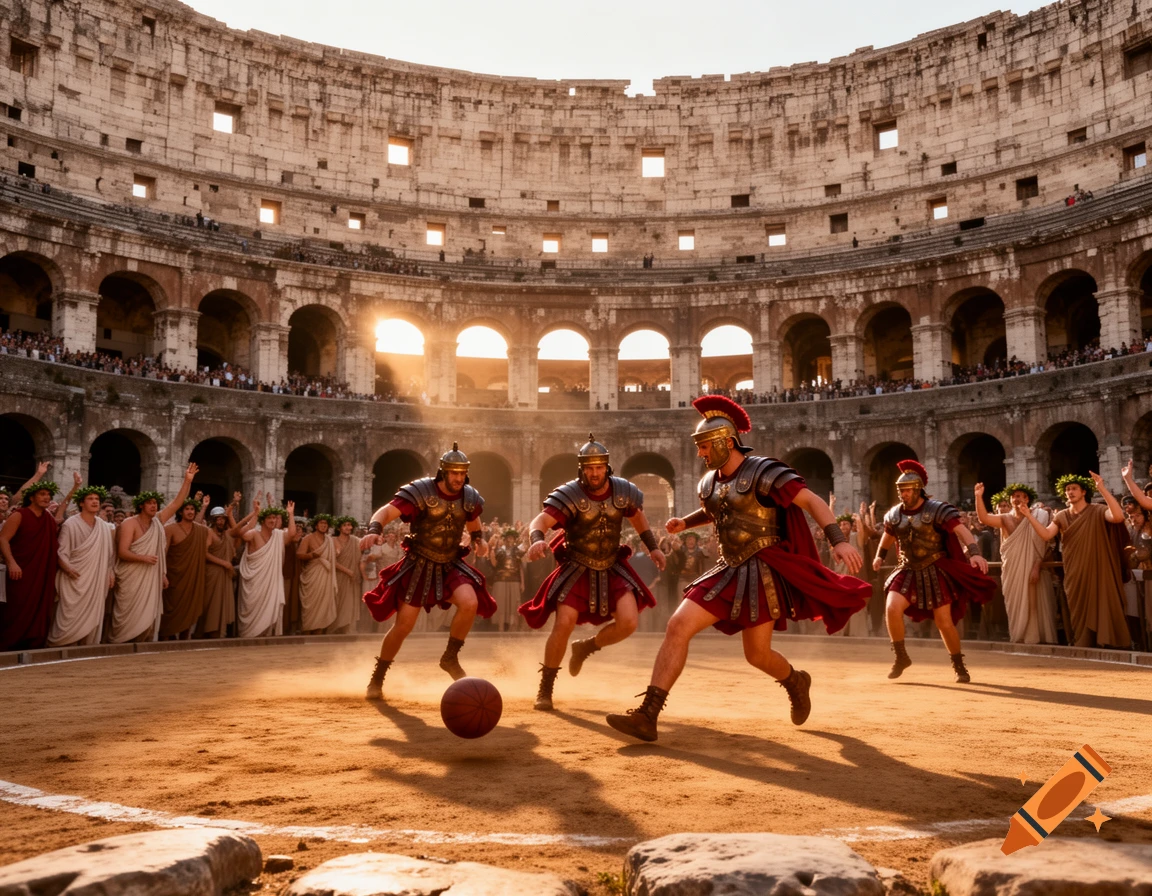 Photorealistic scene of Roman soldiers playing football on a dirt field inside the Colosseum, with spectators in the stands.