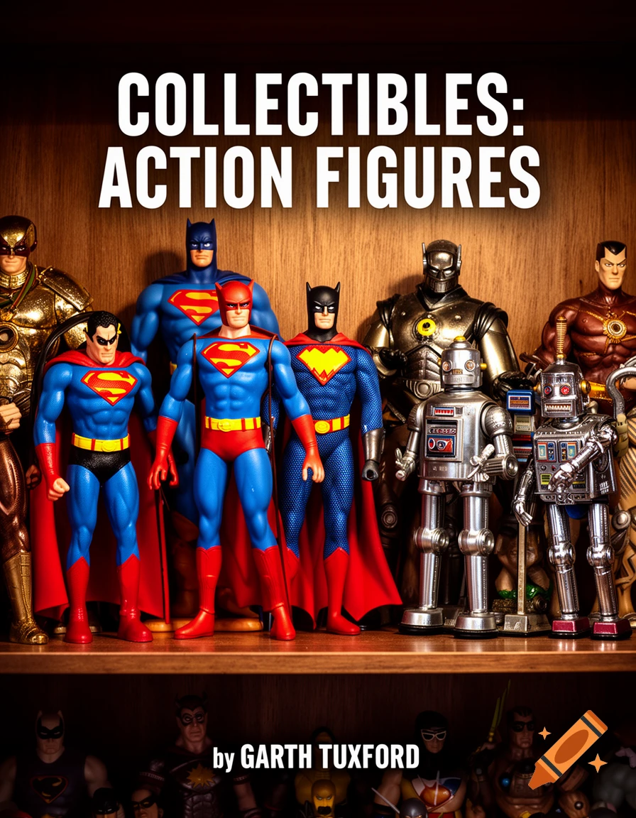 A book cover titled 'Collectibles: Action Figures' by Garth Tuxford, featuring a shelf of superhero and robot action figures.