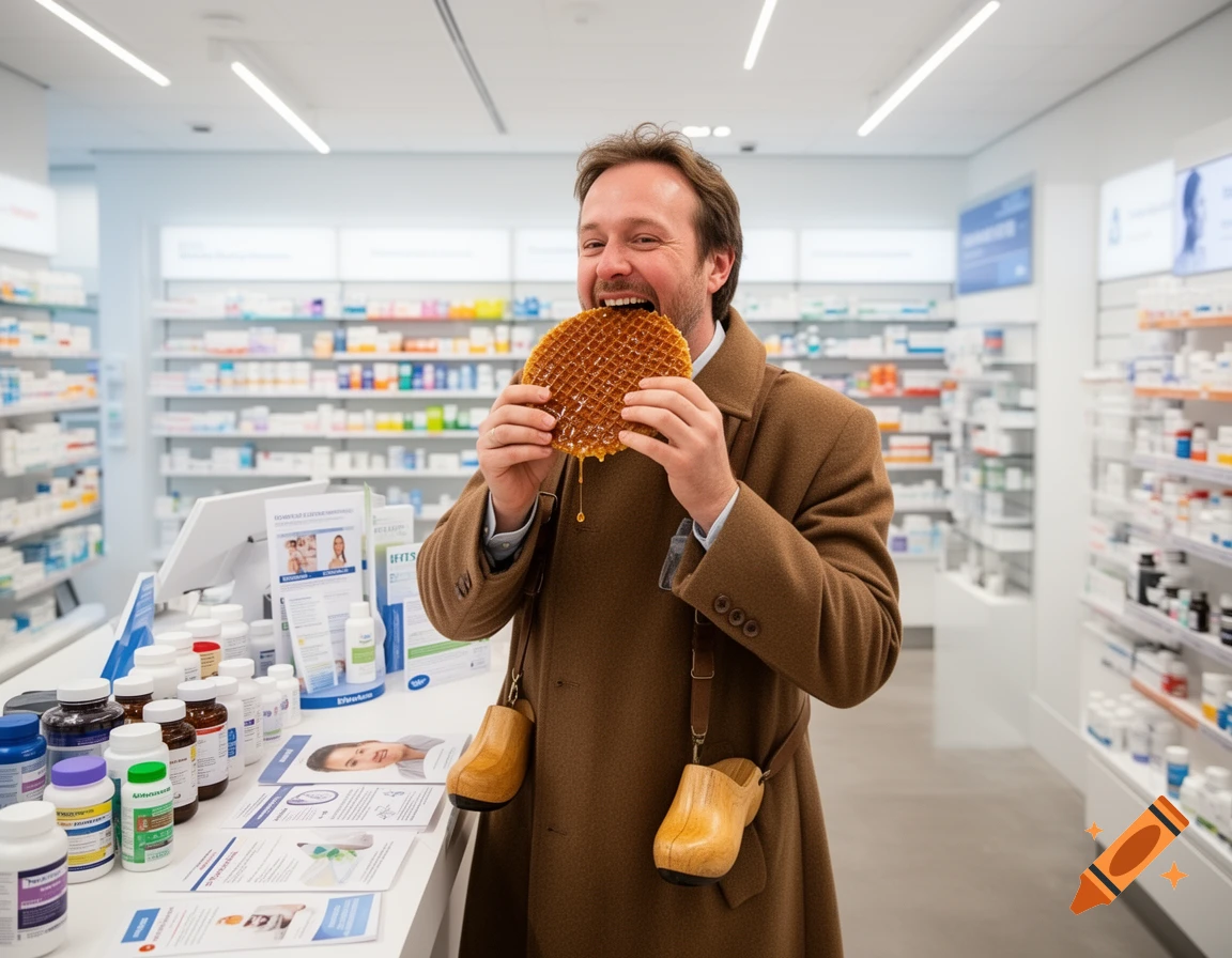 A happy man in a brown coat with clogs strapped to it, eating a large stroopwafel inside a bright pharmacy.