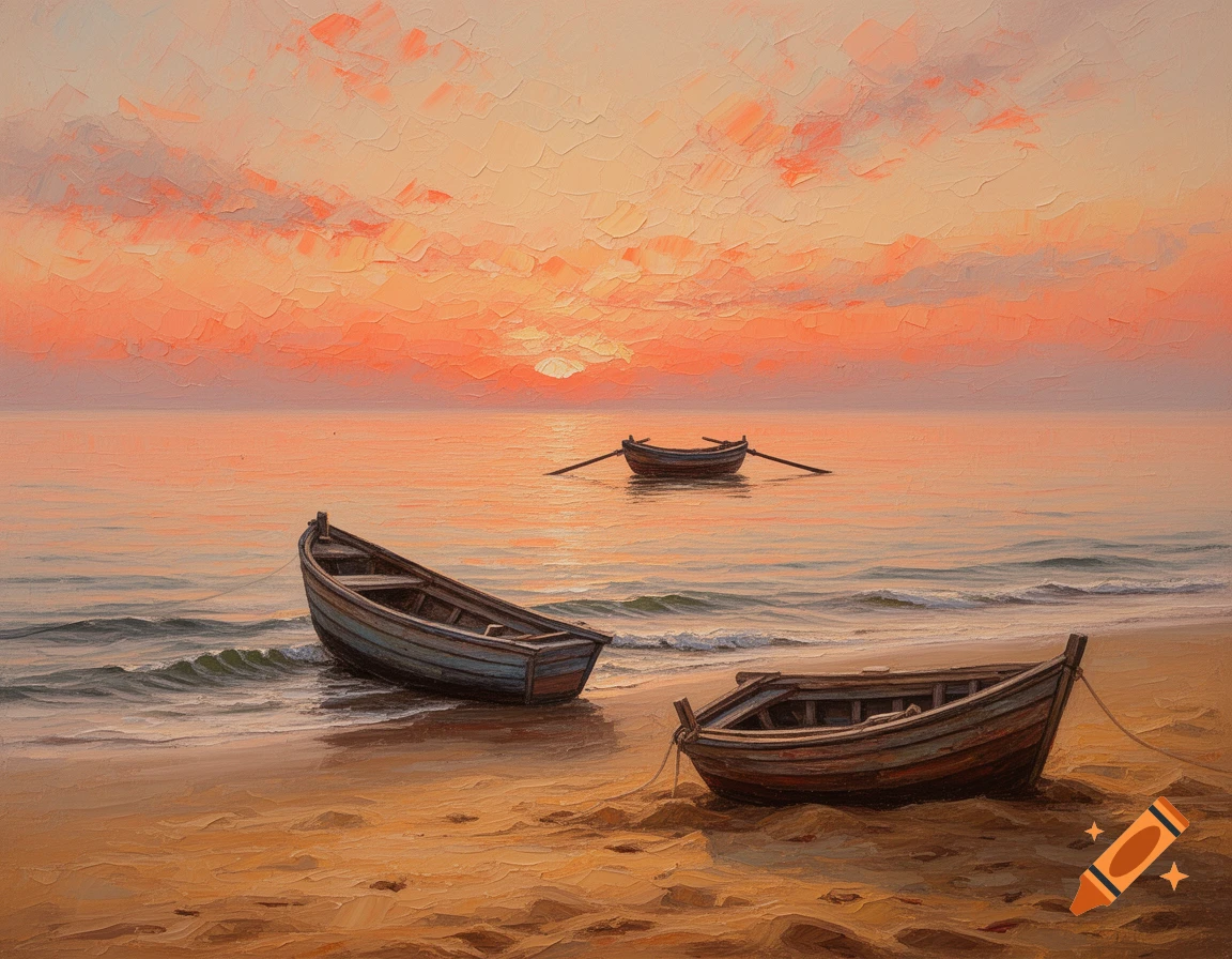 Palette knife painting of wooden boats on a sandy beach and calm sea under a warm orange and pink sunset sky.