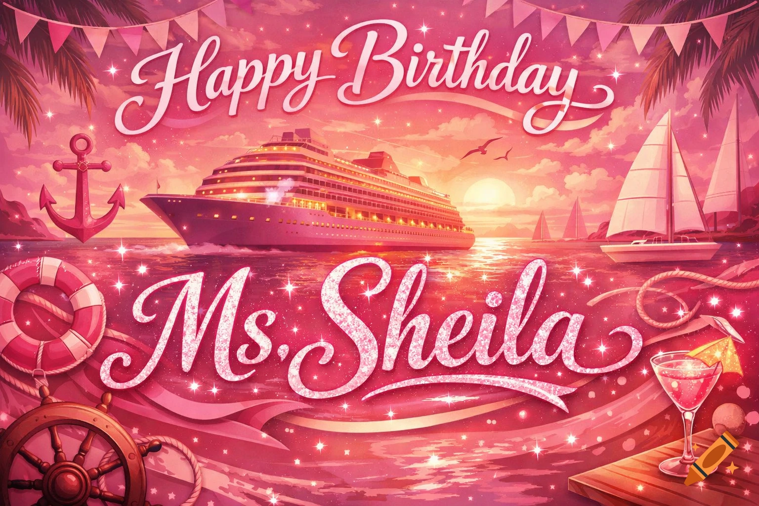 Pink illustrated Happy Birthday Ms. Sheila banner featuring a cruise ship, sailboats, and nautical elements on a sparkling ocean at sunset.