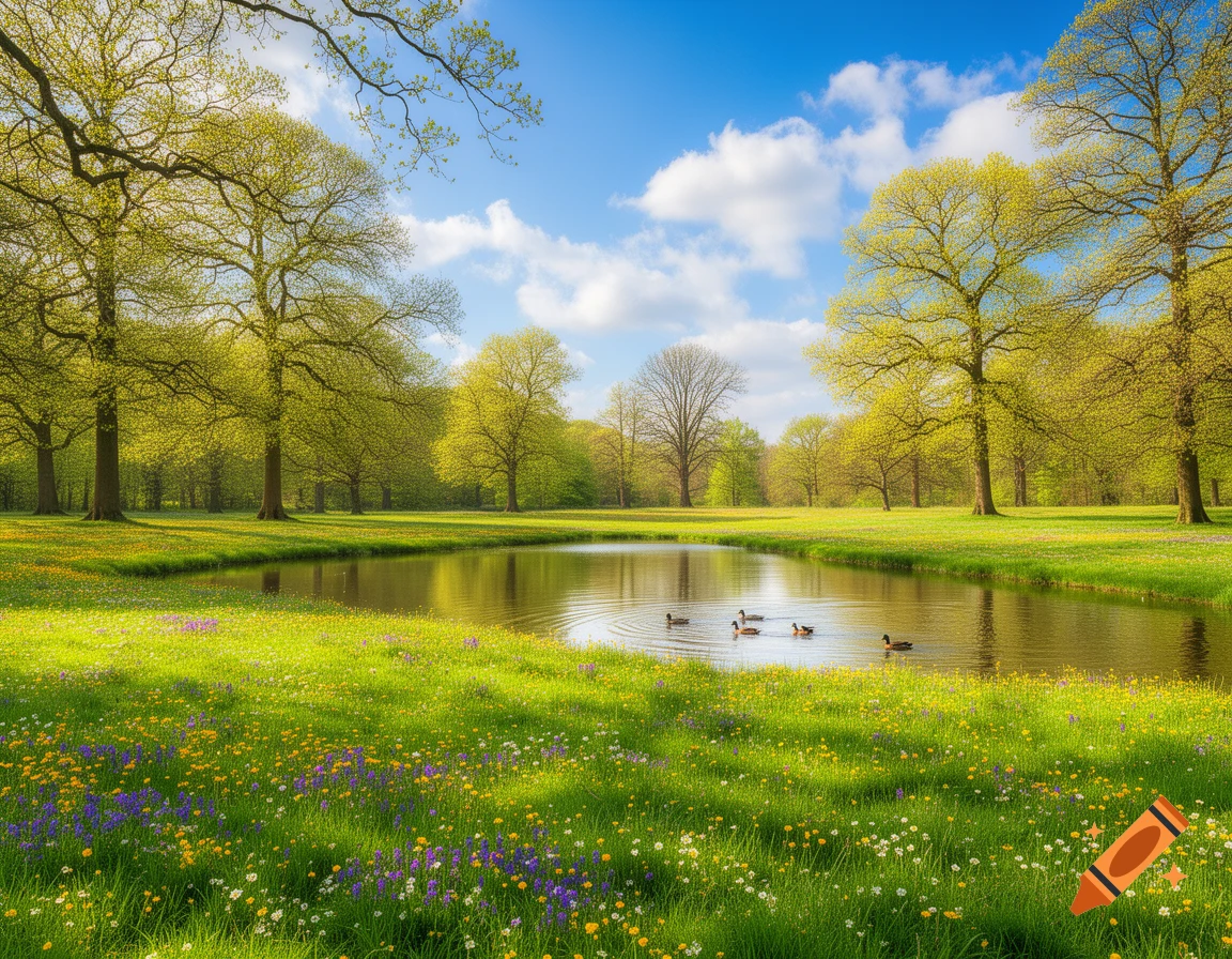 A vibrant spring landscape with a pond reflecting the sky, ducks swimming, lush green grass, and colorful wildflowers under a bright blue sky with clouds.