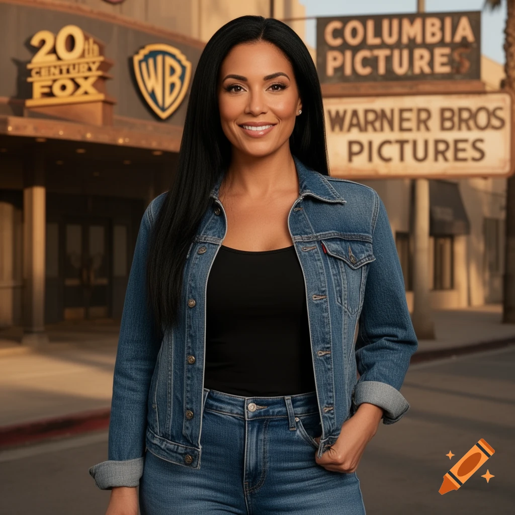 A smiling woman in a denim jacket and jeans stands against a backdrop of 20th Century Fox, Warner Bros., and Columbia Pictures signs.