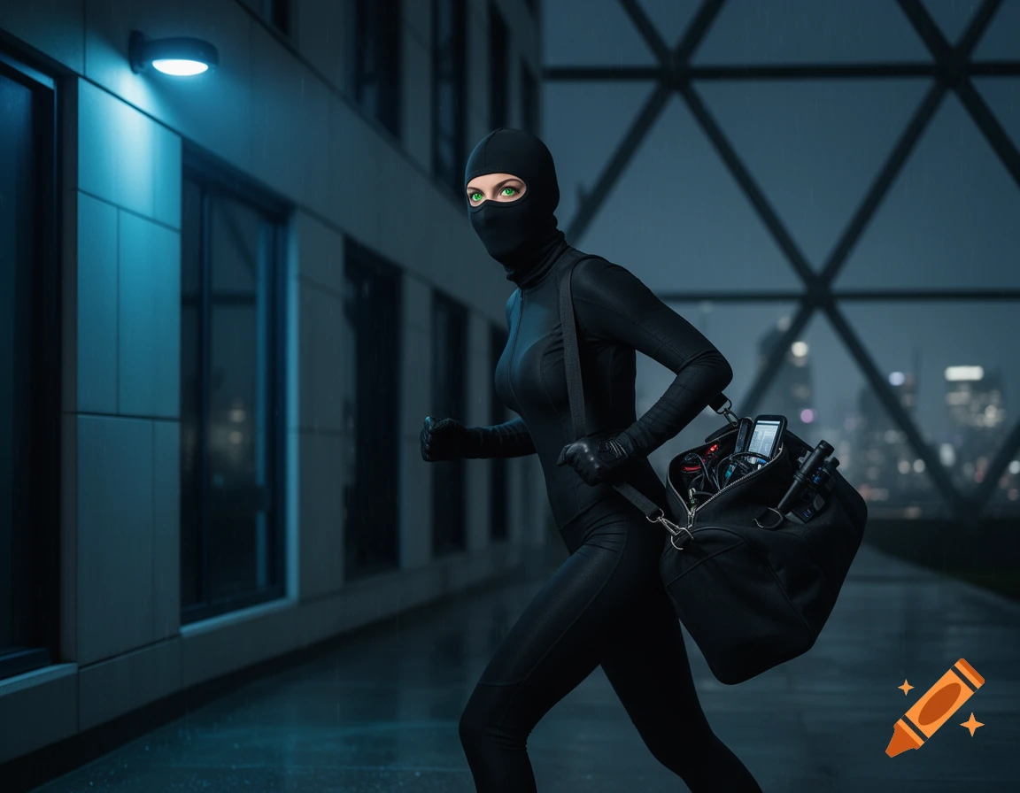 A masked female burglar in a black suit runs through a modern city at night, carrying a bag of tools.