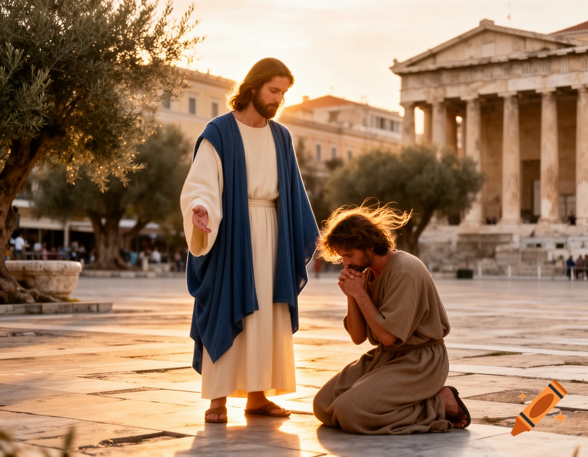 Jesus stands with an open hand as another man kneels before him in an ancient city square at sunset.