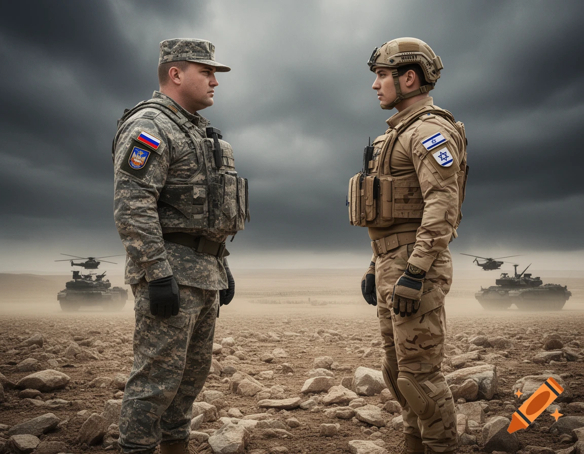 Two soldiers, one with Russian insignia and one with Israeli, face each other in a rocky desert under a stormy sky, with tanks and helicopters in the background.