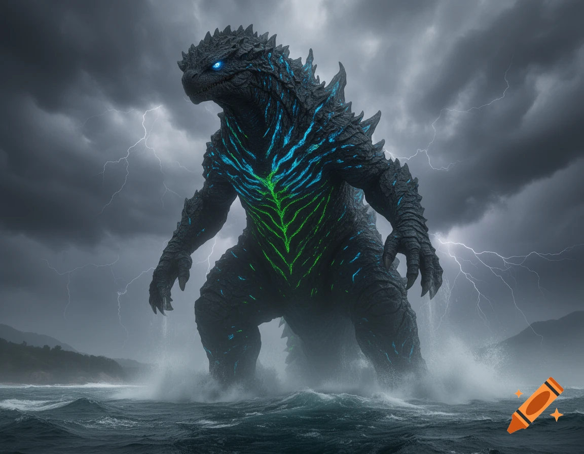 A massive, dark-skinned kaiju with glowing blue eyes and vibrant blue and green bioluminescent markings emerges from a stormy ocean under a lightning-filled sky.