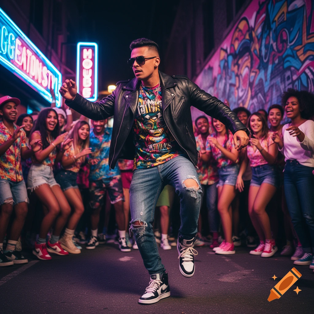 A man in a leather jacket and ripped jeans dances energetically in a street at night, surrounded by a diverse group of people. Neon signs glow in the background with graffiti on a wall, capturing a vibrant Reggaeton style scene.