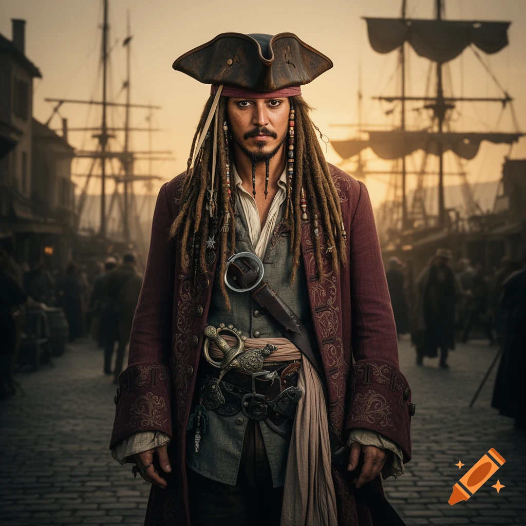 Photorealistic depiction of Captain Jack Sparrow standing in a bustling port at sunset, with pirate ships in the background.