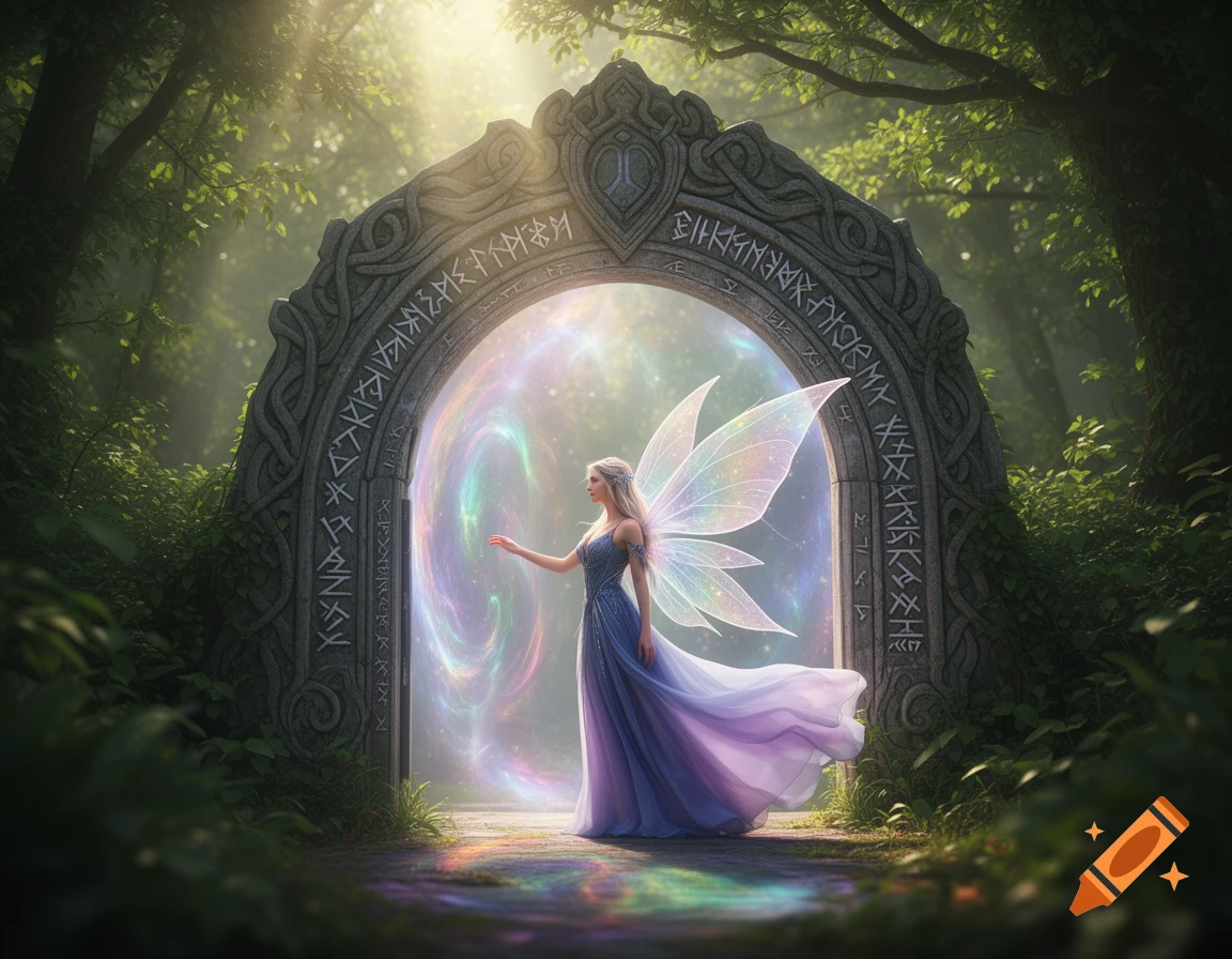 A blonde fairy in a blue gown stands before a glowing, ornate stone portal in a sunlit forest, reaching out her hand.