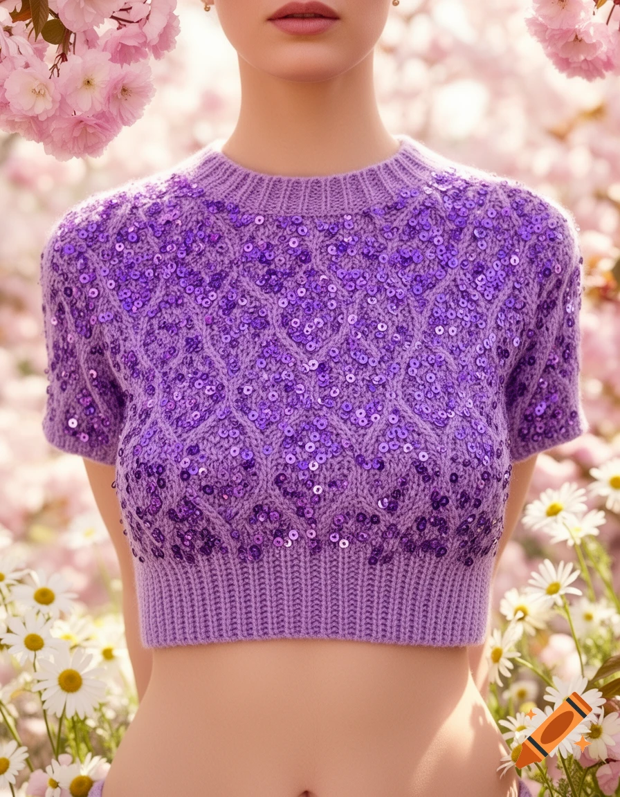 A woman wears a sparkly purple sequined knitted crop top, showing her midriff, surrounded by pink cherry blossoms and white daisies in a spring setting.
