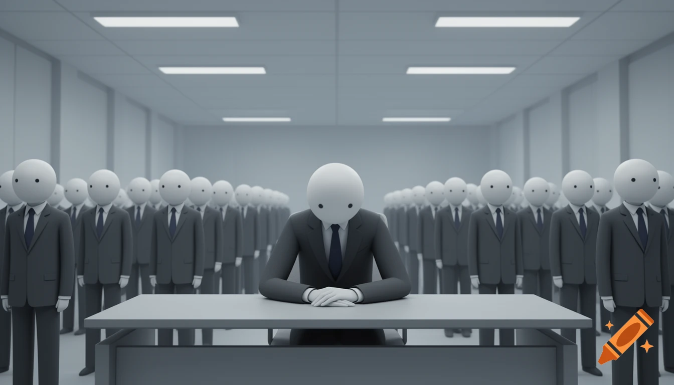 Minimalist digital art shows identical faceless figures in suits in a sterile corporate office, with one figure seated at a desk.