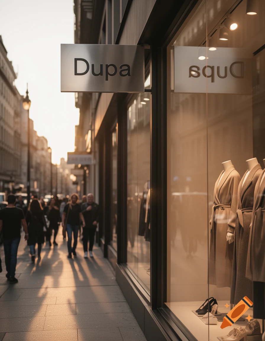 A golden hour street scene with a store named "Dupa," featuring mannequins dressed in trench coats in the window and people walking on the sidewalk.