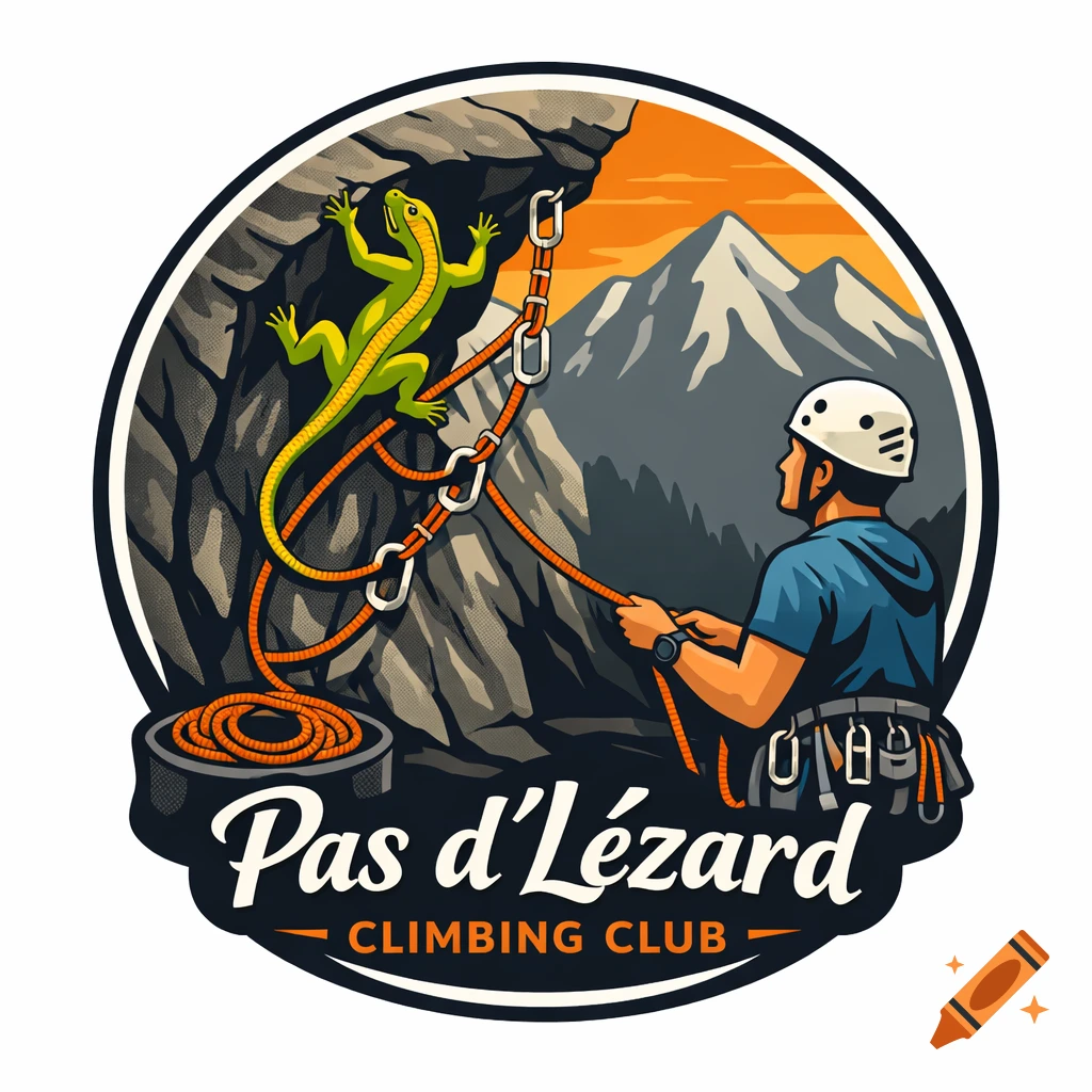 Circular logo in modern vector art style for 'Pas d’Lézard Climbing Club', showing a climber, a green lizard on a rock, and mountains.