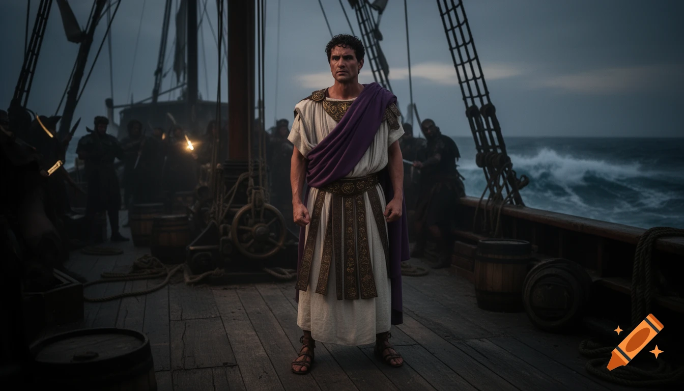 A man in ancient Roman noble attire stands on the deck of a wooden ship amidst rough seas and dark skies.