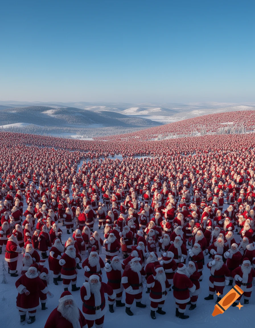 A vast crowd of Santa Claus figures stands on a snow-covered landscape with rolling hills under a clear blue sky.