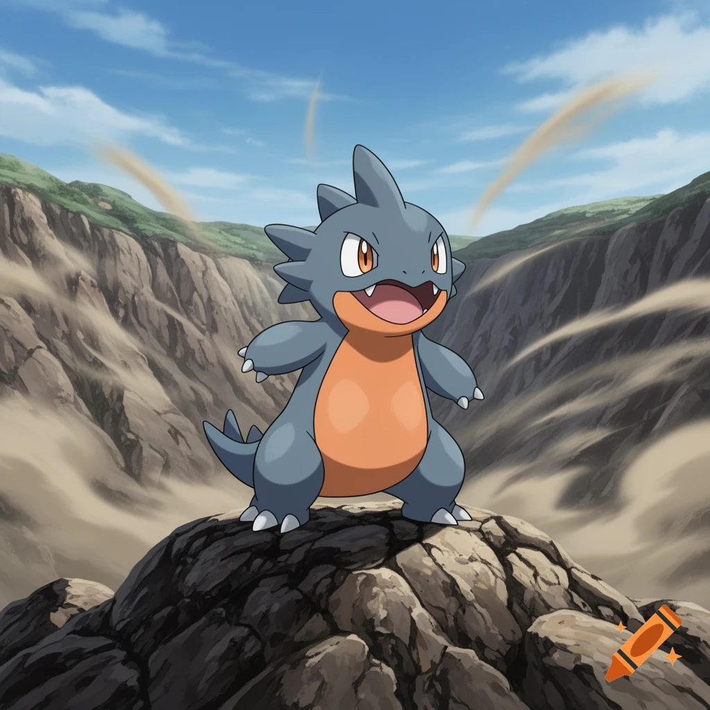 A cartoonish Gible, a blue-gray and orange shark-like Pokémon, stands on a rock in a sandy canyon with its mouth open.