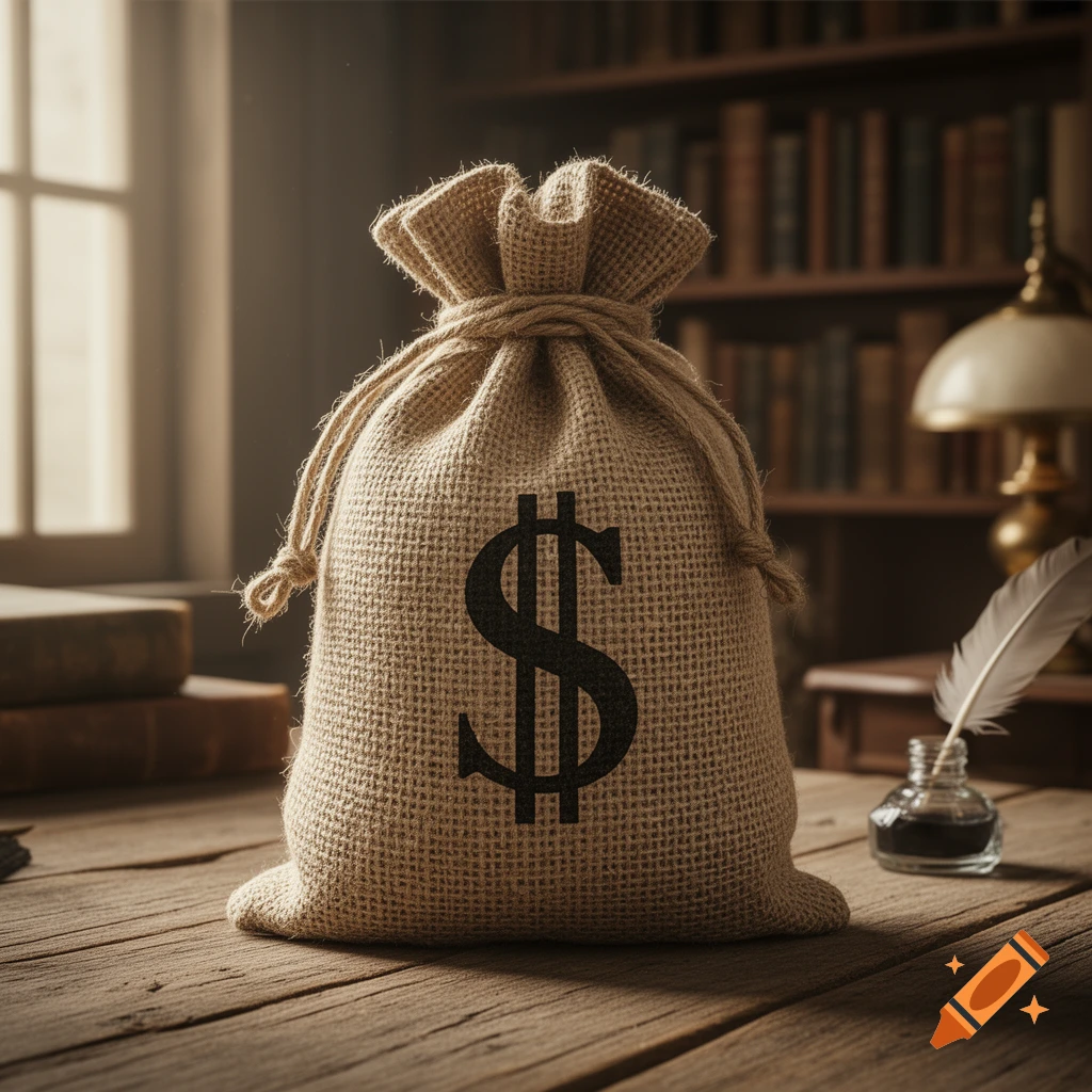 A burlap money bag with a dollar sign sits on a wooden desk in a vintage study, with a quill and inkwell.