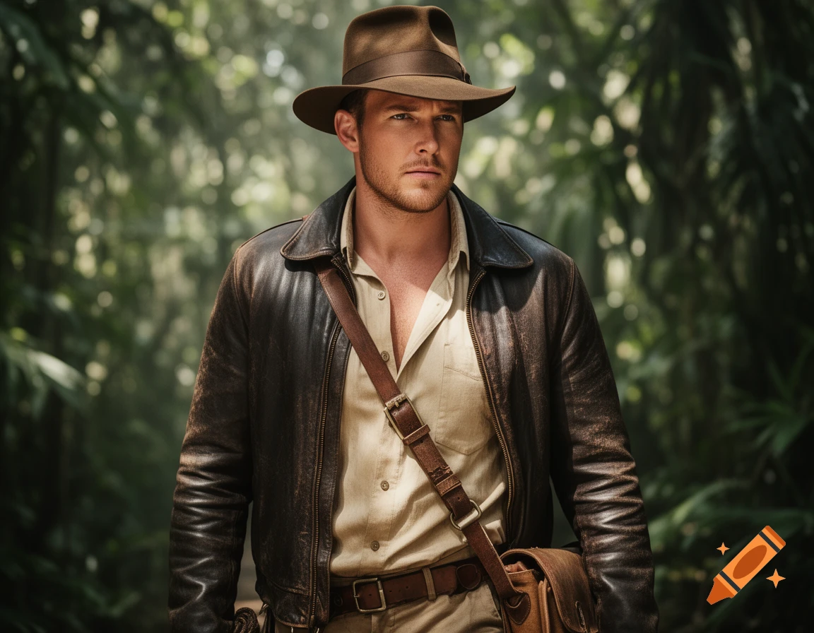 Chris Pratt in an Indiana Jones costume, wearing a fedora, leather jacket, and shoulder bag, standing in a jungle.