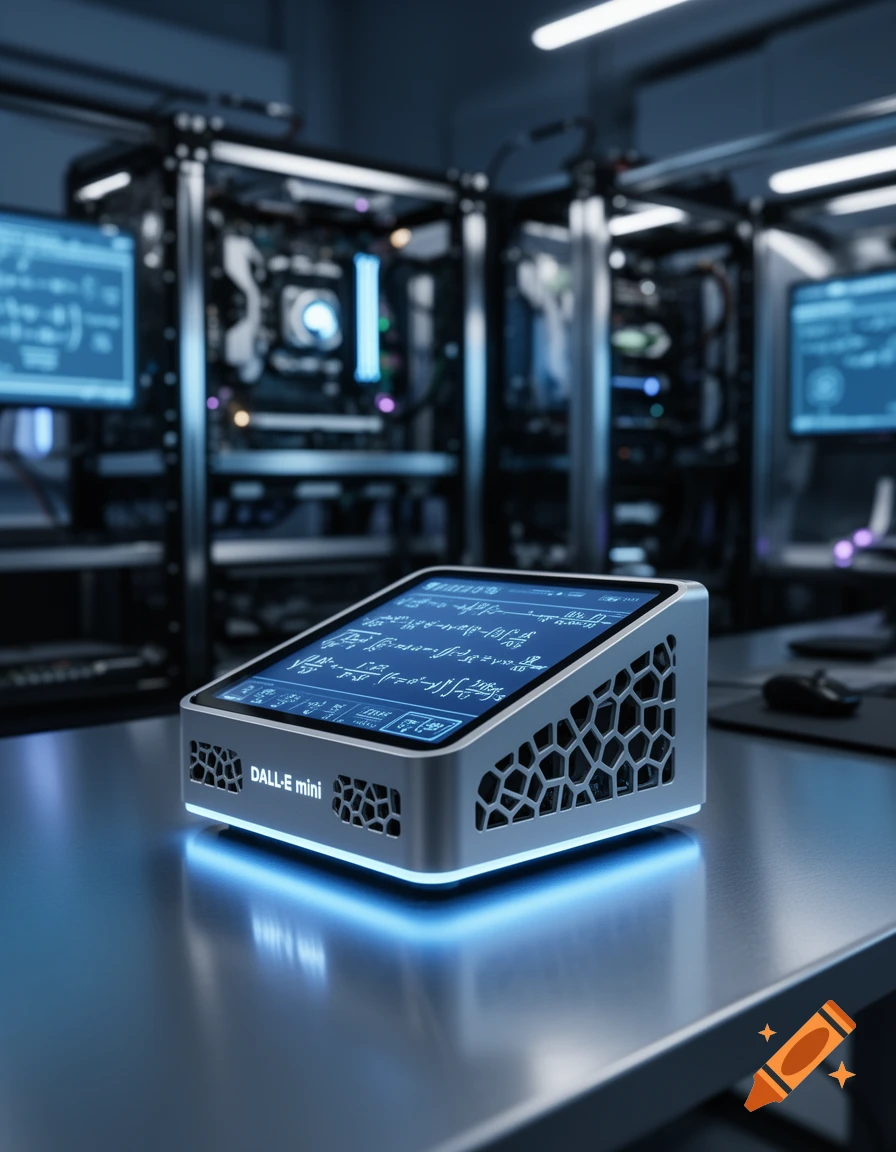 A small futuristic 'DALL-E mini' computer with a screen displaying mathematical formulas sits on a table in a server room.