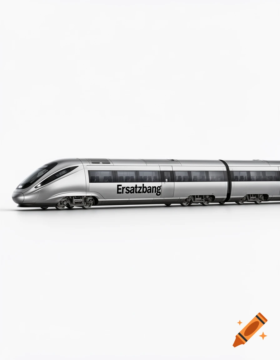 A sleek, silver modern train with "Ersatzbang" written on its side, against a plain white background.