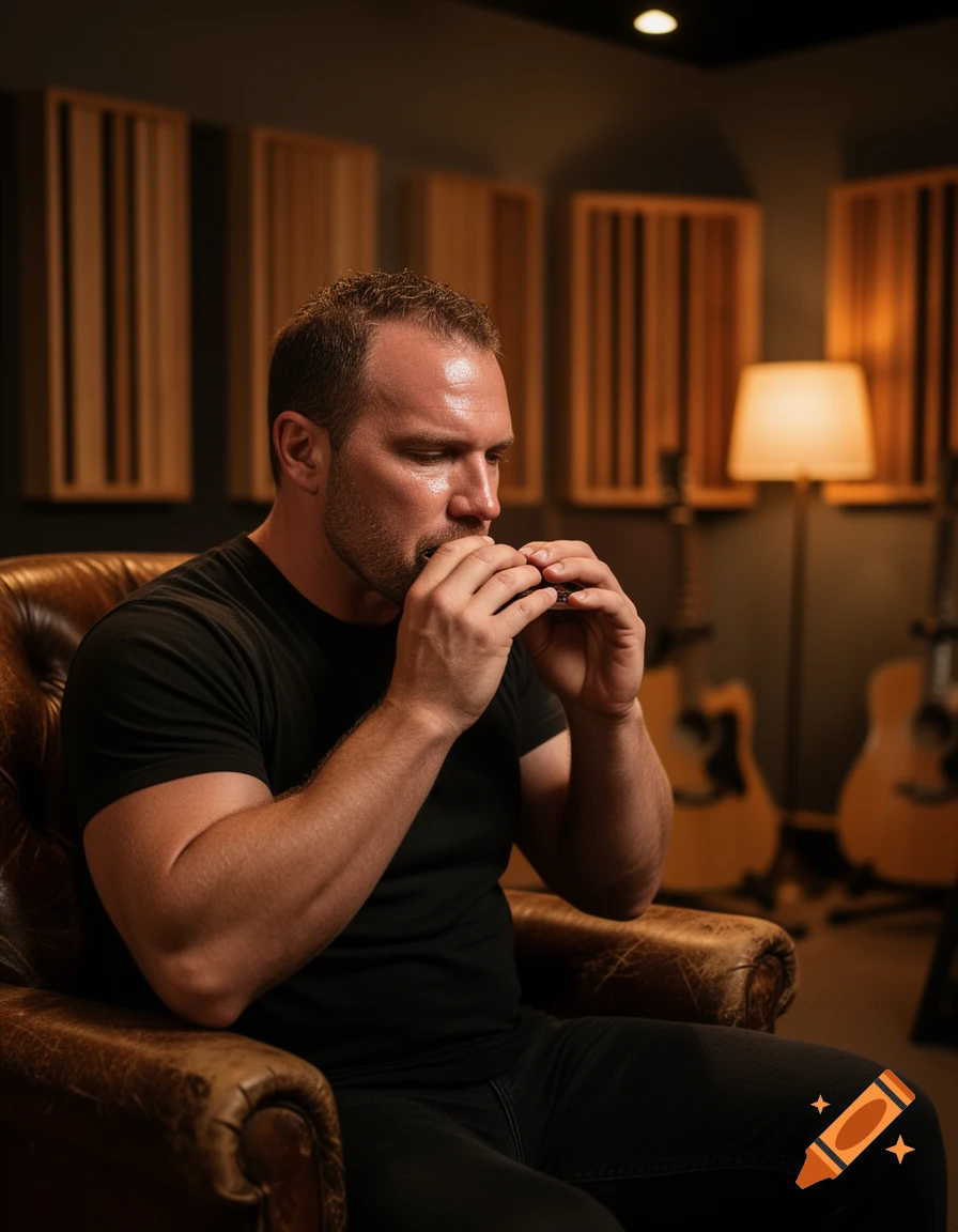 A man in a black t-shirt sits in a leather armchair, playing a harmonica in a dimly lit music studio.