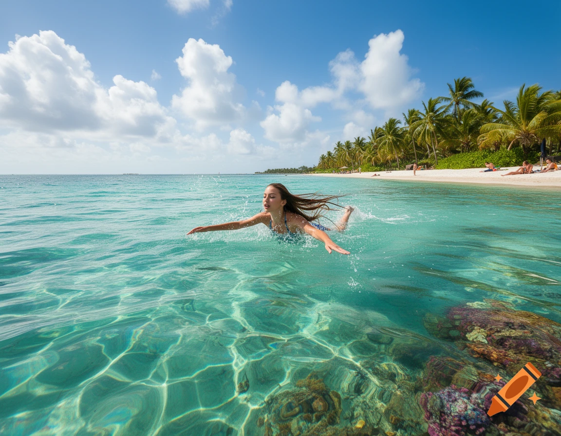 A woman swims in crystal clear turquoise water near a white sand beach lined with palm trees under a sunny sky.