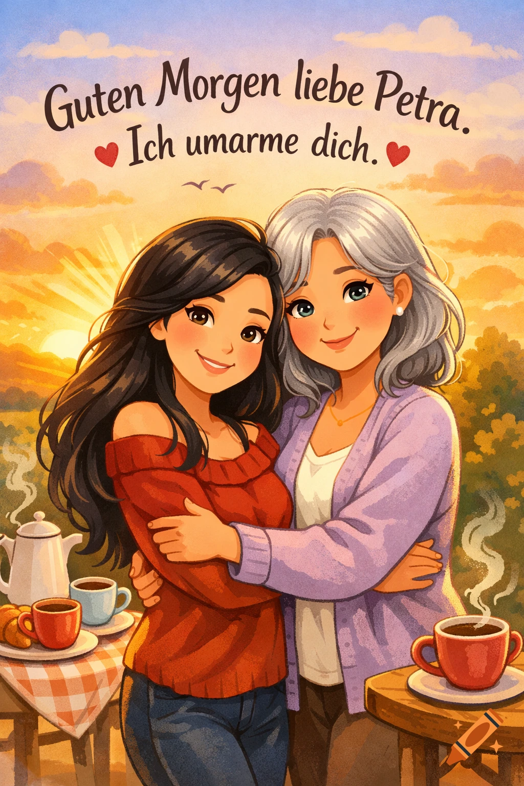 Cartoon of two women hugging, one with dark hair and one with gray, standing outdoors at sunrise with coffee and croissants. Text says "Guten Morgen liebe Petra. Ich umarme dich."