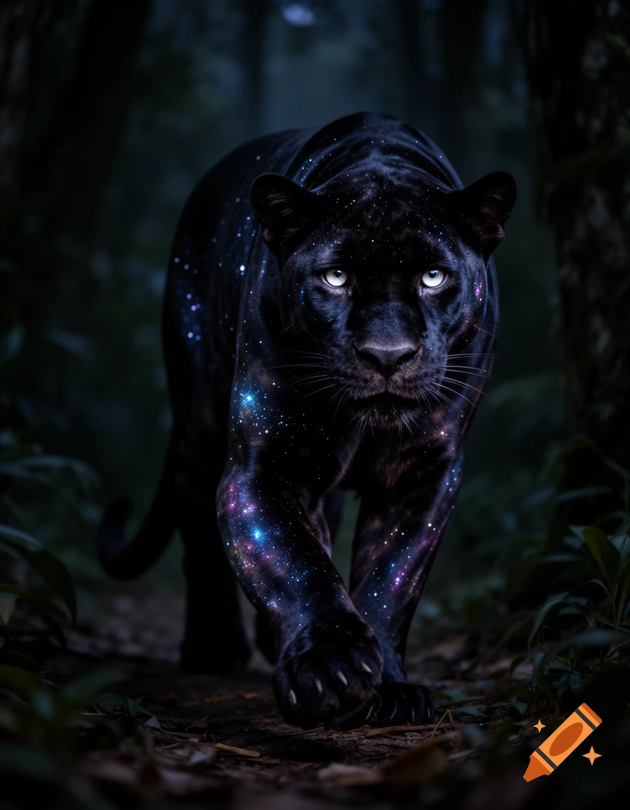 A majestic black panther with fur resembling a starry midnight sky emerges from a dark, lush forest.