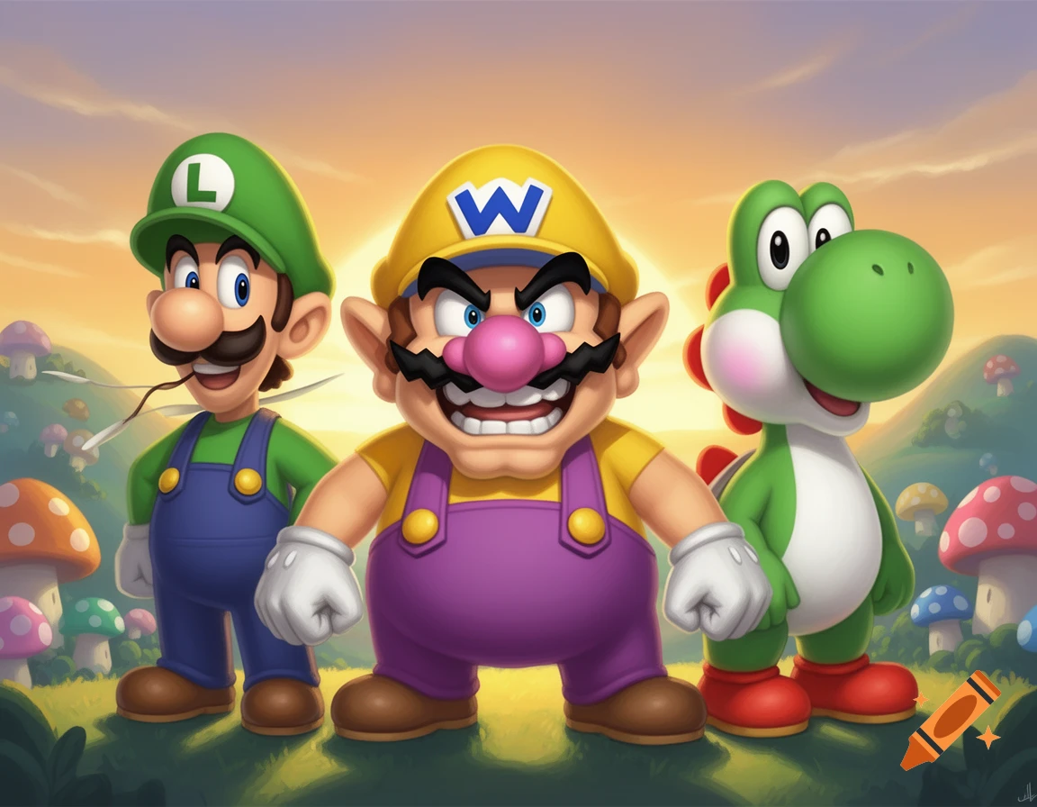 Luigi, Wario, and Yoshi stand together in a colorful mushroom landscape at sunset, in a cartoon style.