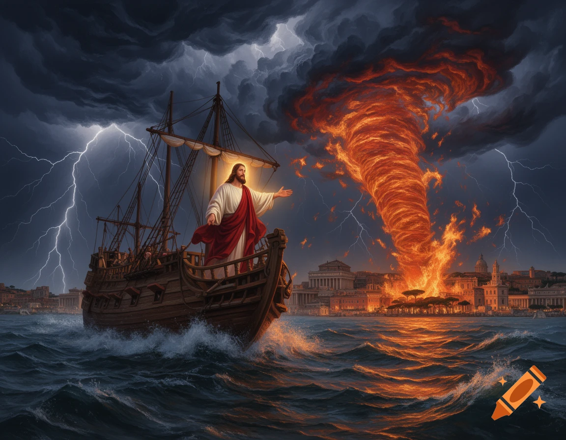 Jesus on a boat, arms outstretched, calming a stormy sea with lightning and a fiery tornado over a distant city.