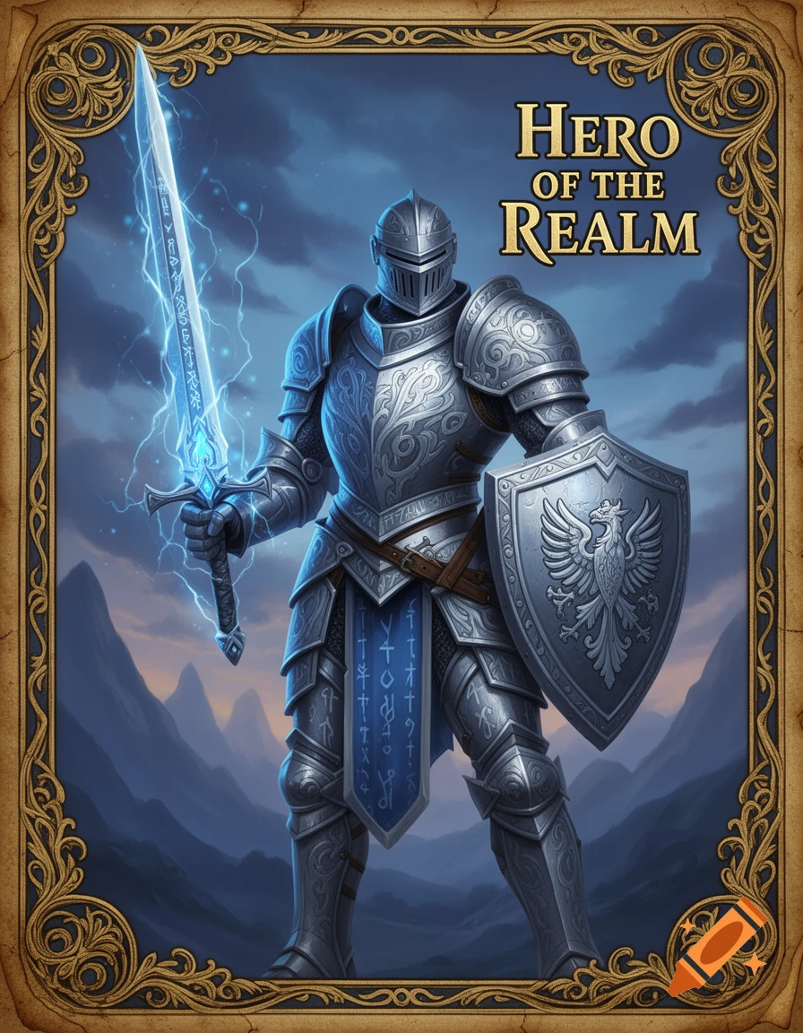 An ornate fantasy RPG card shows a knight in full silver armor, holding a glowing blue sword and a shield with an eagle, against a mountainous background.