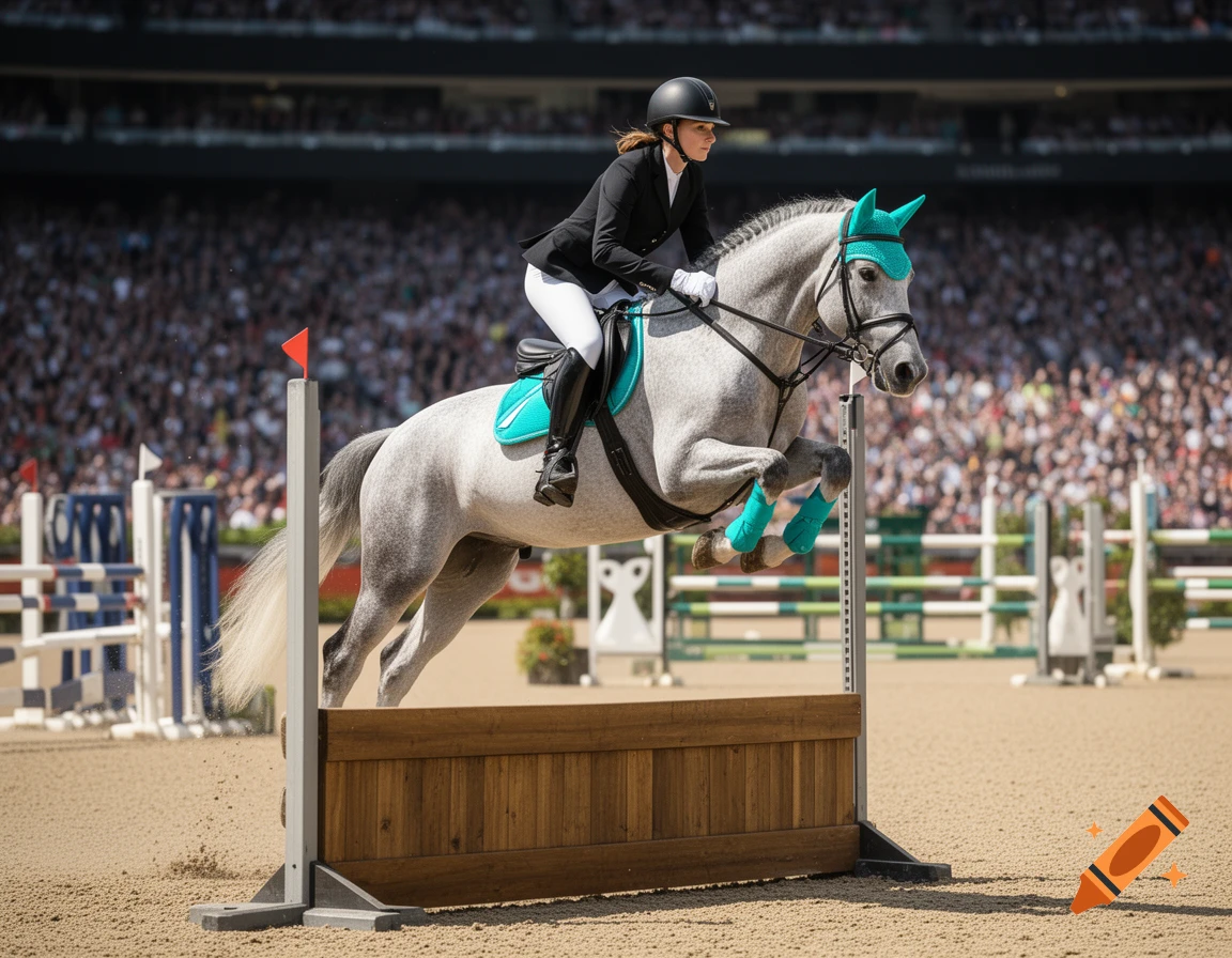 A woman on a flea-bitten grey horse with turquoise accents jumps over a wooden obstacle in a stadium.