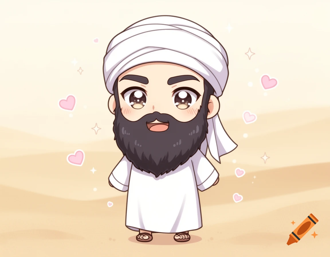 A cute chibi anime character with a beard and white turban stands in a desert setting with pink hearts and stars.