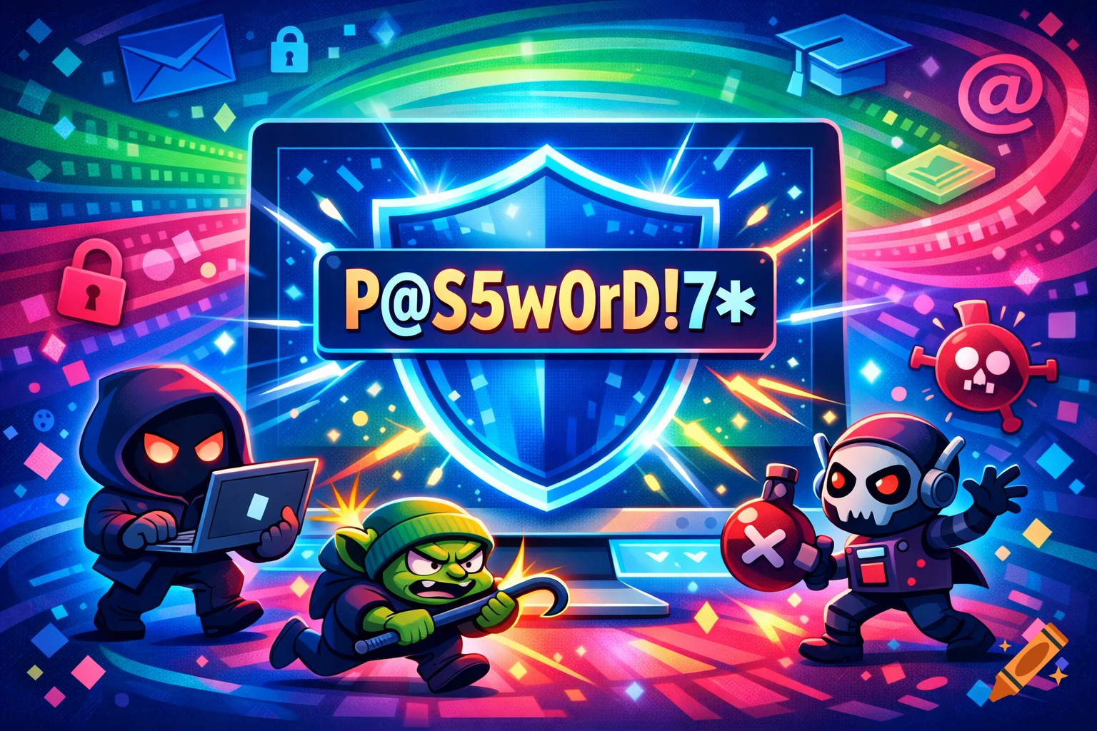 Cartoon hackers and goblins attempt to breach a computer displaying a strong password, amidst a vibrant digital security theme.