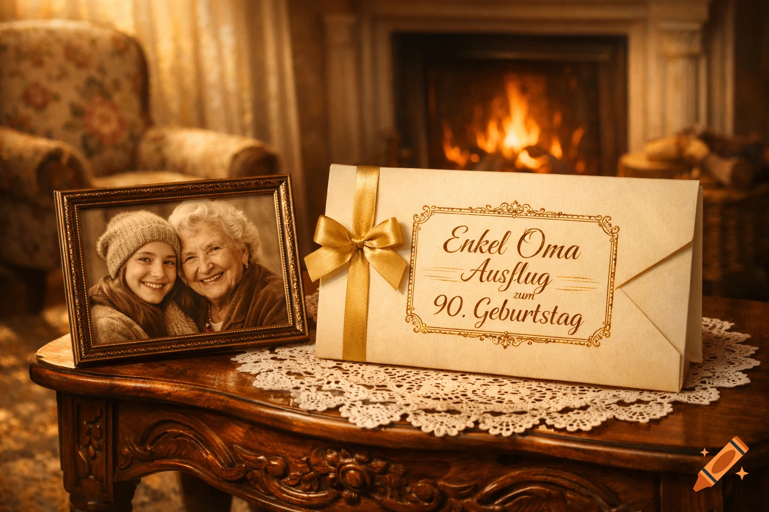 A framed sepia-toned photo of a smiling young girl and elderly woman, next to a gift envelope with a gold ribbon and text, on a wooden table in a cozy room with a fireplace.