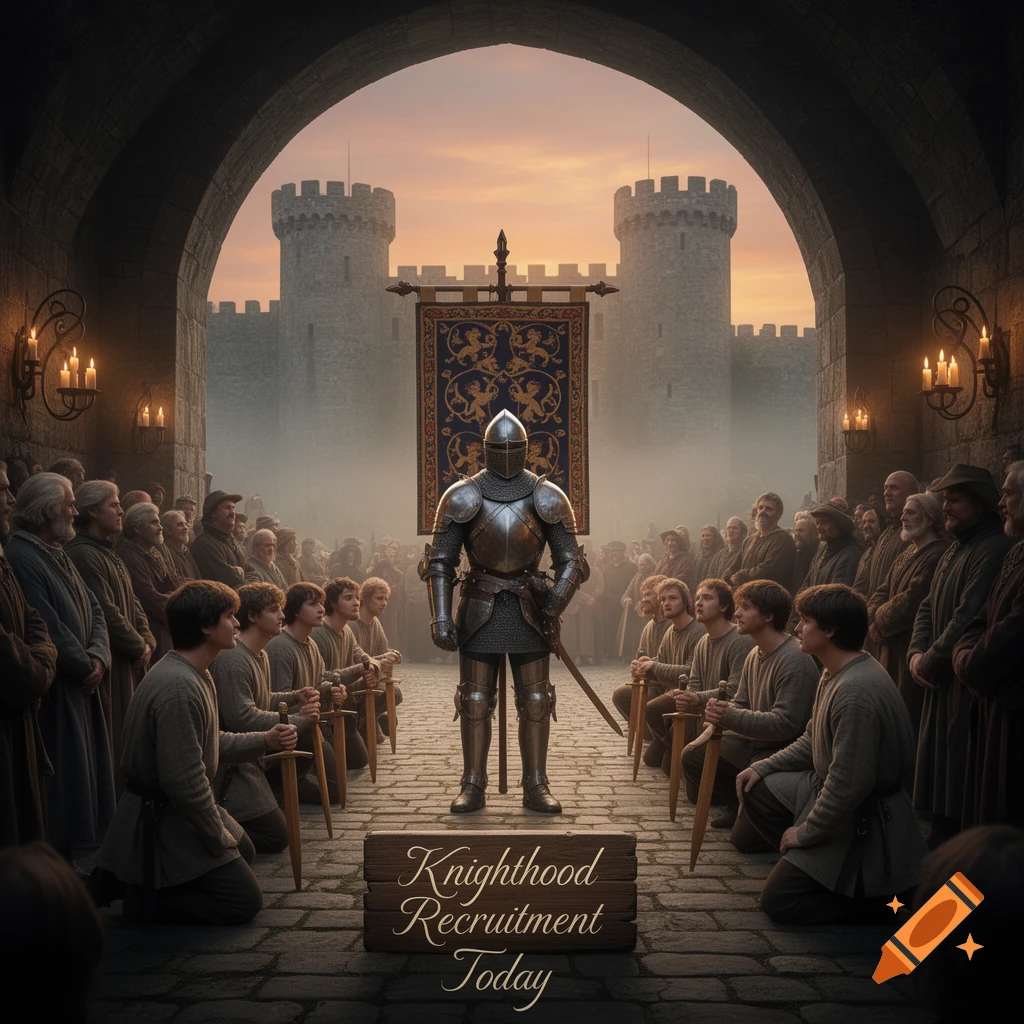 A knight in full armor stands before kneeling recruits in a castle archway, with a sign 'Knighthood Recruitment Today'.