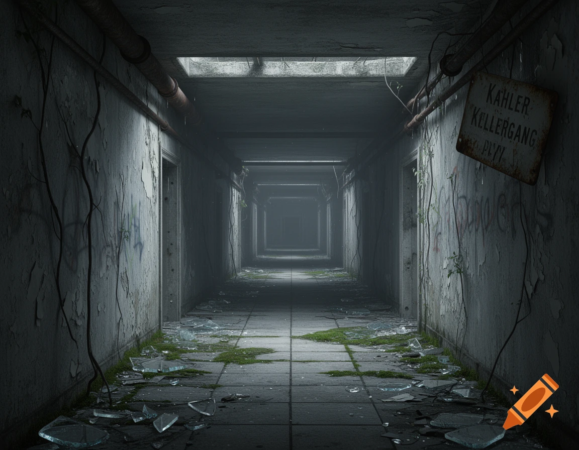 A dark, abandoned, and decaying hallway with peeling paint, graffiti, broken glass, and moss on the floor. A sign on the right reads "KAHLER KELLERGANG PLYY".
